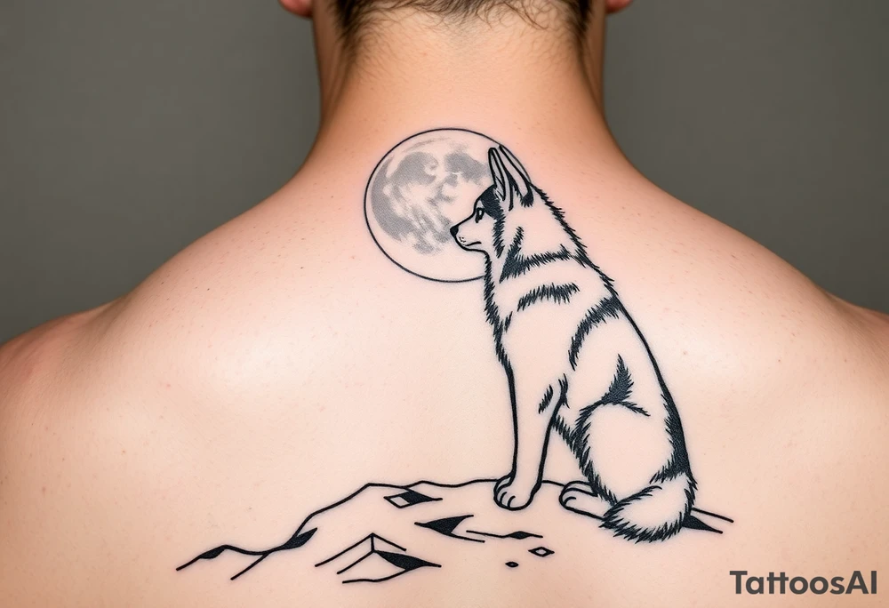 smALL HUSKY LOOKING AT A TRIBAL MOON STANDONG IN THE SAND IN THE SEA WITH THE CONSTALATION OF SAGITARIUS PUT COLOR tattoo idea