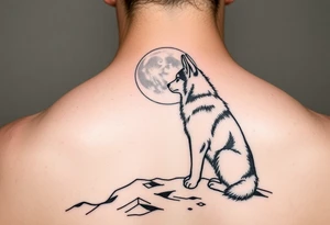 smALL HUSKY LOOKING AT A TRIBAL MOON STANDONG IN THE SAND IN THE SEA WITH THE CONSTALATION OF SAGITARIUS PUT COLOR tattoo idea