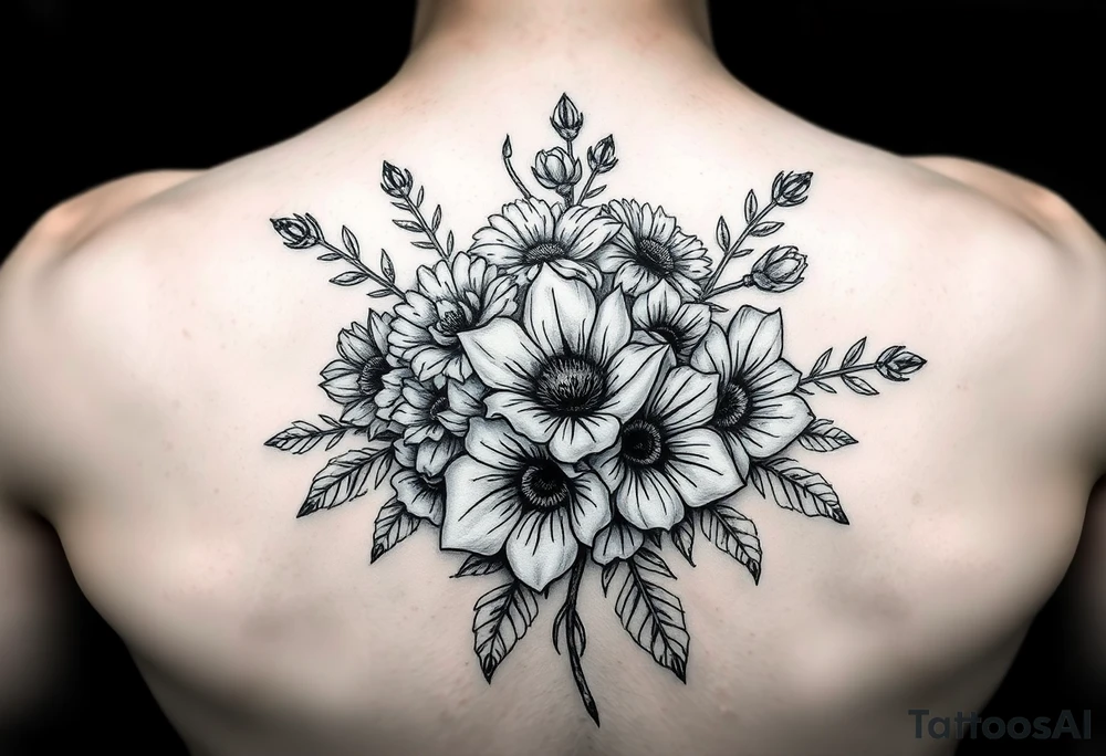 A bouquet of flowers for the months of January , February,  March, April,  May, June, August tattoo idea