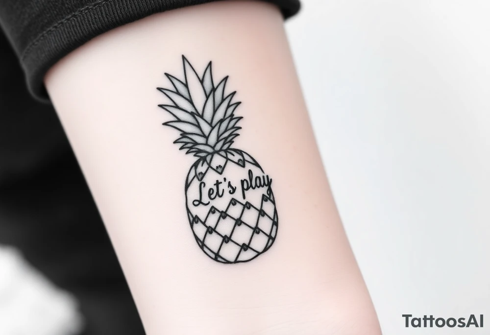 A black ink wrist tattoo featuring a realistic yet minimalistic pineapple. The pineapple is finely detailed with clean, precise lines, capturing the natural texture of the fruit while keeping the design subtle and uncluttered. Inside the body of the pineapple, the phrase "Let's play" is clearly placed in a bold but not overly thick font, ensuring readability while maintaining balance with the overall design. The leaves of the pineapple have a fine-line style with slight variations in thickness for a natural feel. The tattoo blends fine details with subtle bold elements, creating a clean and modern aesthetic. tattoo idea