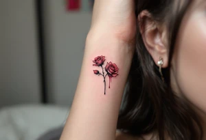Tiny roses with dripping ink style, done in dark crimson and black, placed behind the ear. tattoo idea