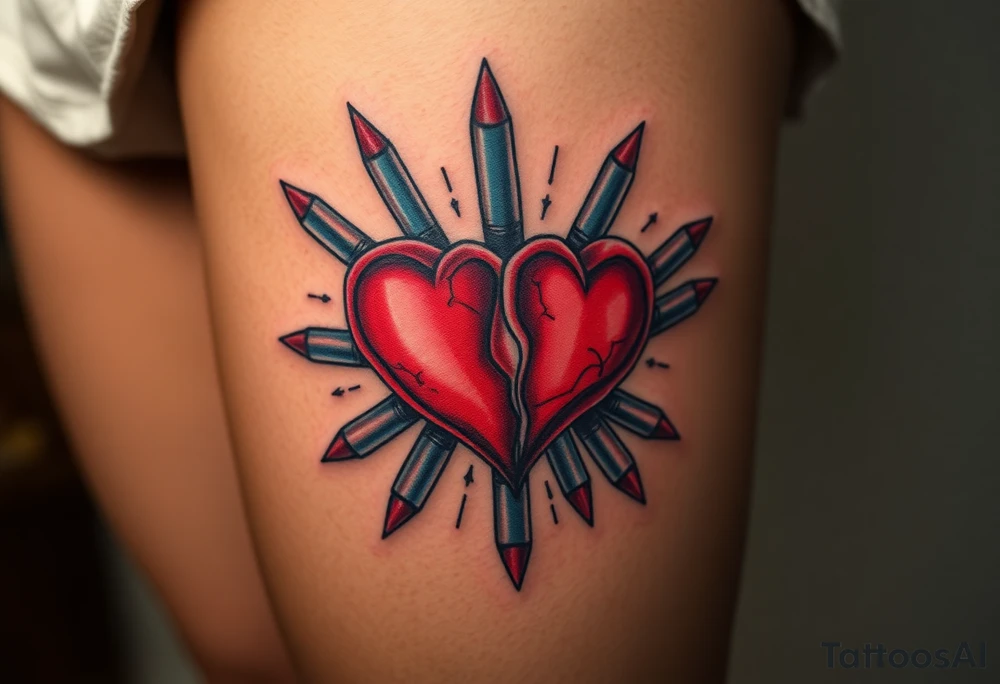 Red Broken hearts surrounded by blue bullets tattoo idea