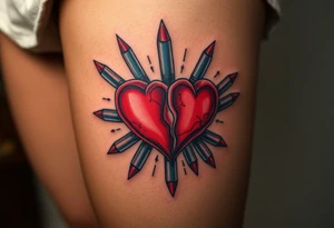 Red Broken hearts surrounded by blue bullets tattoo idea