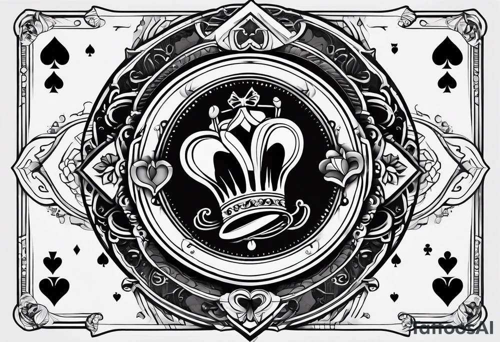 one playing card with both queen of hearts and king of spades incorporated in extreme minimalistic  style tattoo idea