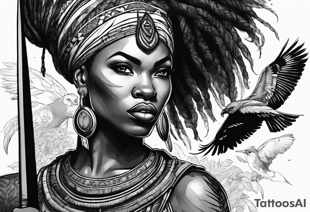 African woman warrior holding a spear with a mean look on her face with birds in the background and lion tattoo idea