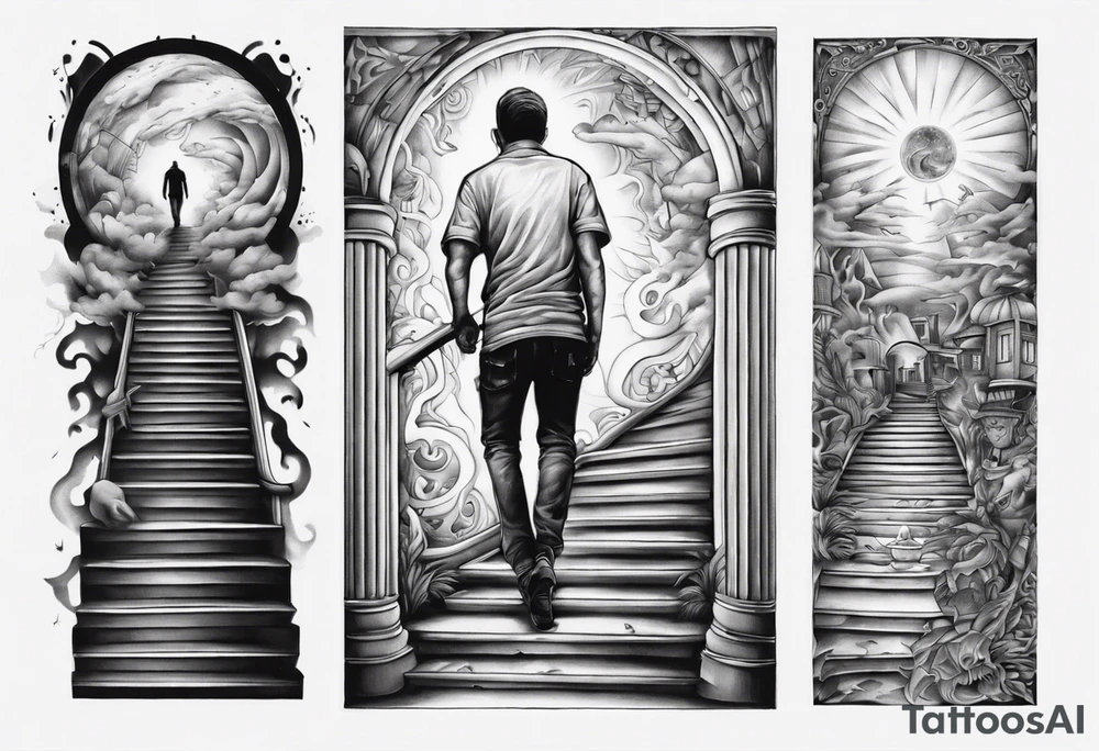Man walking up stairs filled with light tattoo idea