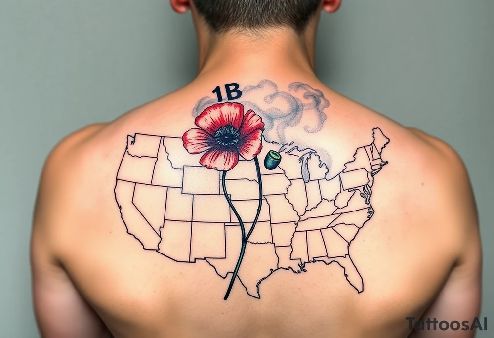2 poppy’s growing out of the smoke with 11B in the background and layer this over a map of the USA tattoo idea