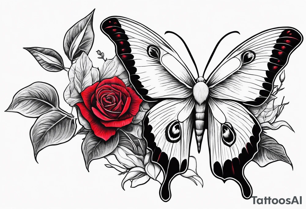 Luna moth with long tail 
three red roses behind and around the Luna 
moth tattoo idea