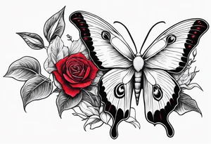 Luna moth with long tail 
three red roses behind and around the Luna 
moth tattoo idea