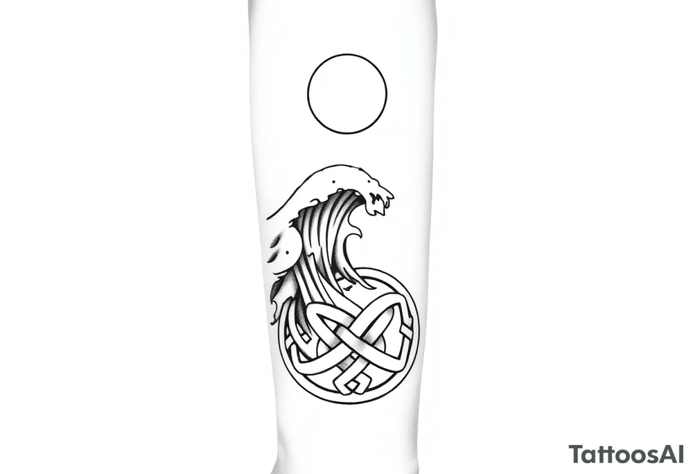 Tattoo sketch, vertical composition for forearm. Upper part: sky with moon. Middle part: stylized sea wave. Lower part: Norse knotwork ornament. Smooth transitions between sections, forming one continuous flow. Black and white line art, minimalist yet detailed, clear outlines, high contrast, stencil-ready design. tattoo idea