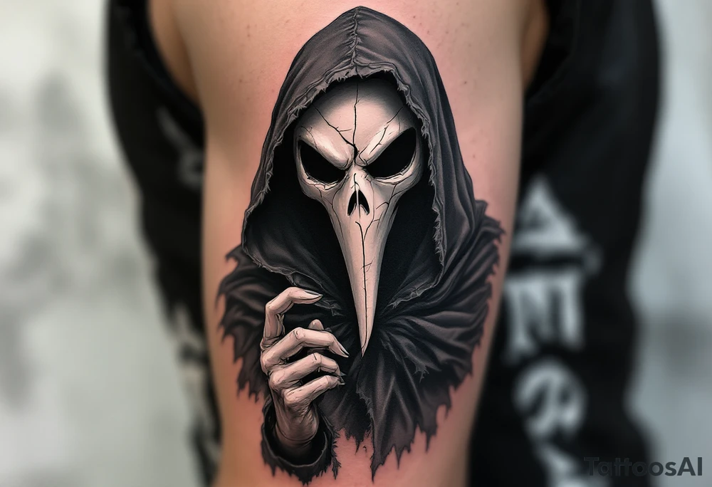 Plague Doctor with Broken Mask – A sinister plague doctor with tipical mask and a fractured porcelain-white mask, revealing hollow darkness beneath. The robes are dark gray with frayed edges, giving the figure an eerie, ghostly presence. tattoo idea