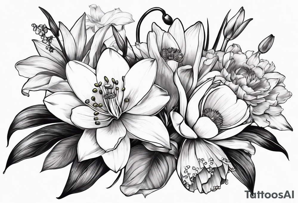 A bouquet of flowers with a water lily, gladiolus, poppy, lily of the valley, daffodil, and a honey suckle with long stems tattoo idea