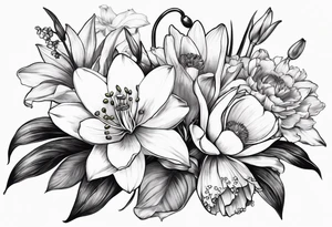 A bouquet of flowers with a water lily, gladiolus, poppy, lily of the valley, daffodil, and a honey suckle with long stems tattoo idea