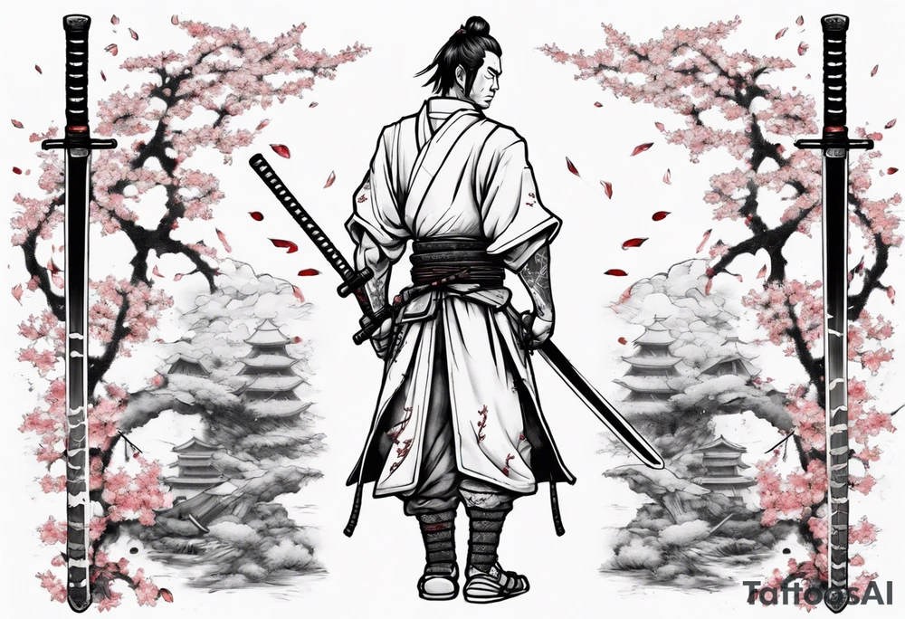 A samurai standing with his back among the swords, he has a hole in his back and from where the blood was seen in the sakura leaves and samurai swords stuck into the ground tattoo idea