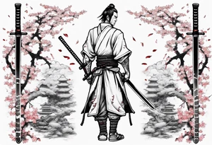 A samurai standing with his back among the swords, he has a hole in his back and from where the blood was seen in the sakura leaves and samurai swords stuck into the ground tattoo idea