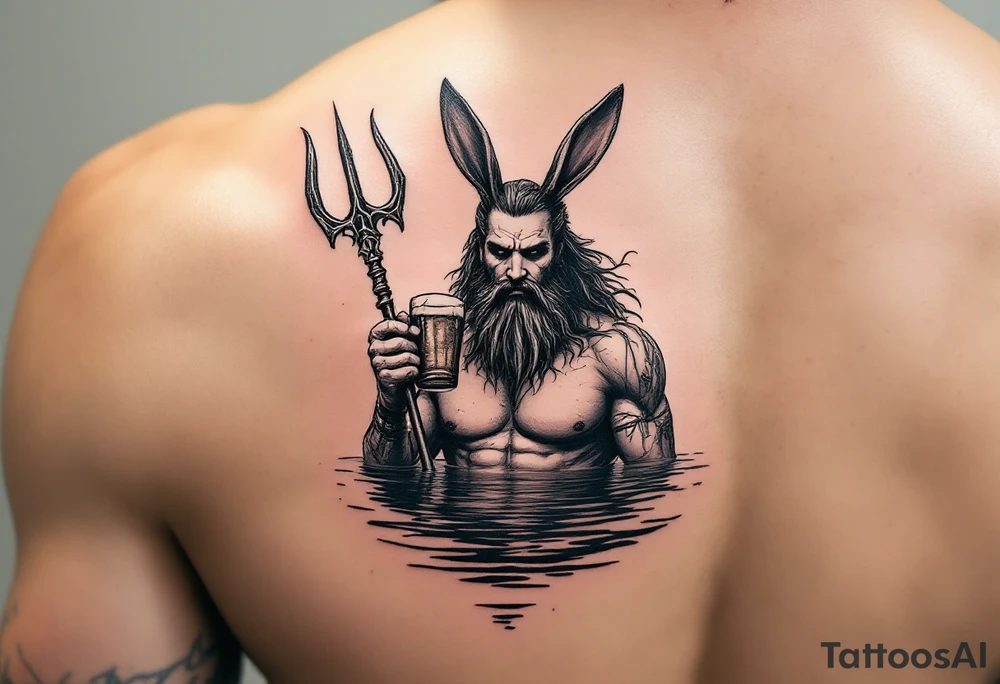 poseidon with trident half way in calm water with a beer and bunny ears tattoo idea