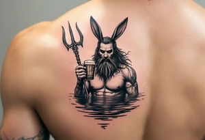 poseidon with trident half way in calm water with a beer and bunny ears tattoo idea