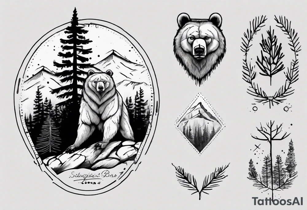 Standing bear fine line with armband.  Pine trees with script.  Add a eye with dot work lines coming out from the eye. tattoo idea