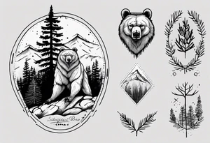 Standing bear fine line with armband.  Pine trees with script.  Add a eye with dot work lines coming out from the eye. tattoo idea