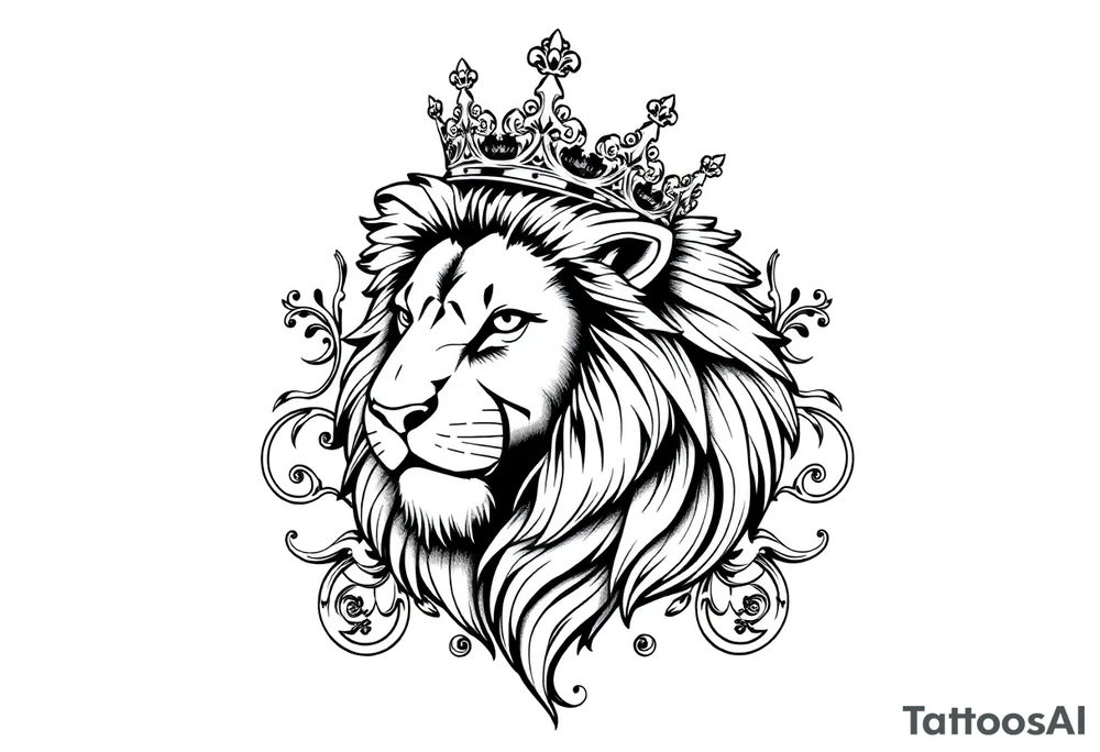 majestic lion wearing ornate crown, surrounded by baroque flourishes tattoo idea