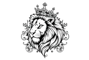 majestic lion wearing ornate crown, surrounded by baroque flourishes tattoo idea