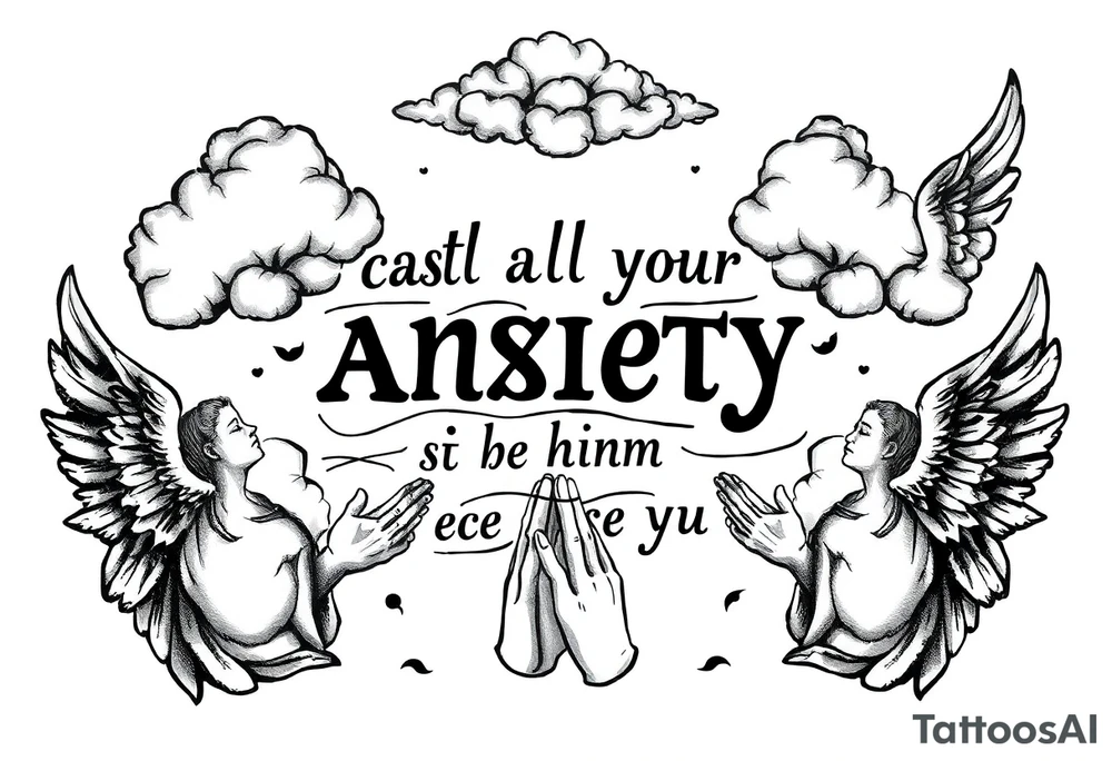 cast all your anxiety on him because he cares for you"  surrounded with clouds and angels and praying hands tattoo idea