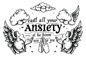 cast all your anxiety on him because he cares for you"  surrounded with clouds and angels and praying hands tattoo idea