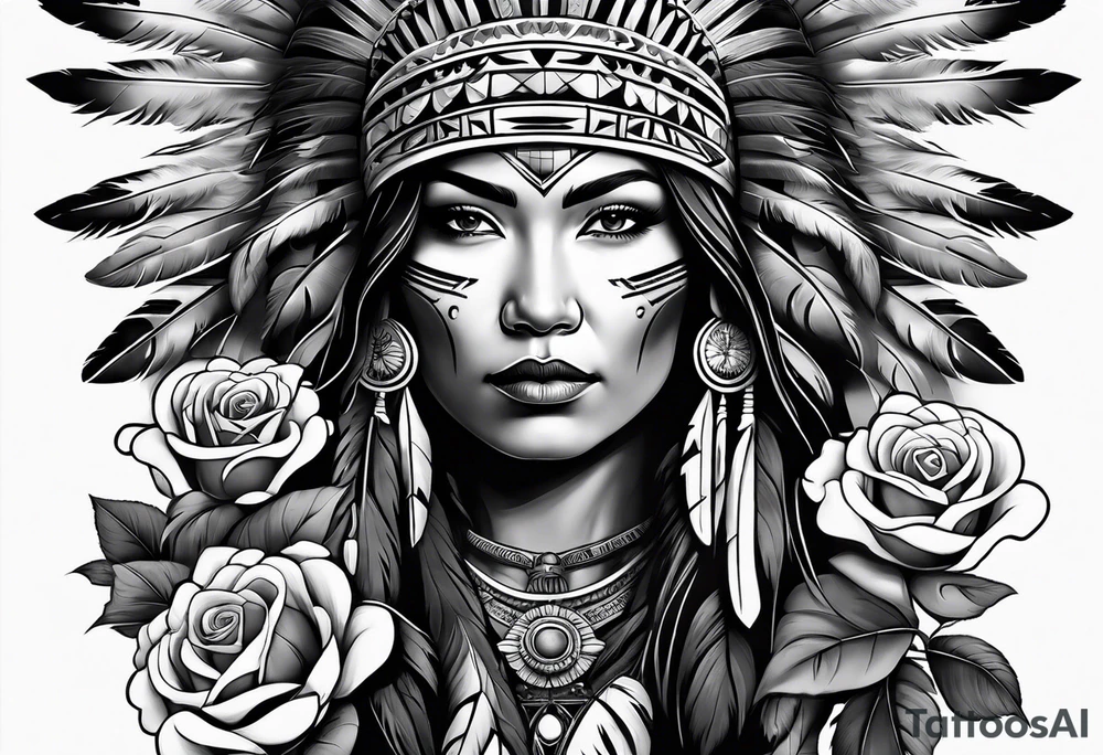 Native American woman chief with roses tattoo idea