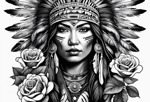 Native American woman chief with roses tattoo idea