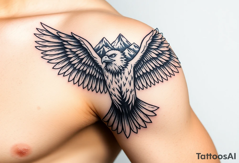 majestic eagle spreading wings against mountain peaks tattoo idea
