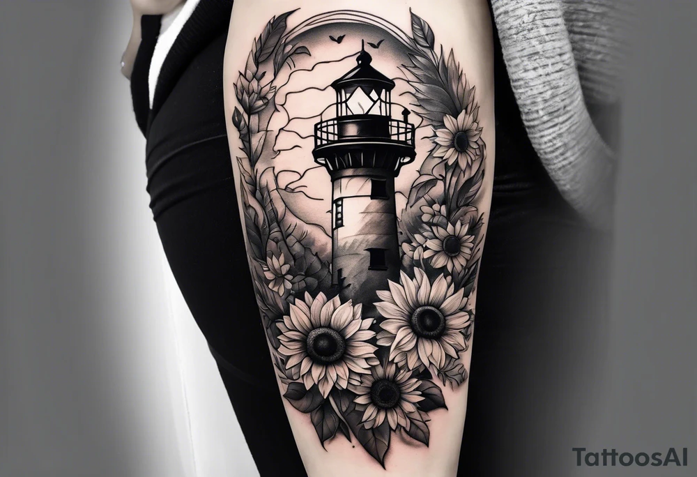 Sunflower forearm tattoo with owl, and light house tattoo idea