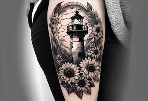 Sunflower forearm tattoo with owl, and light house tattoo idea