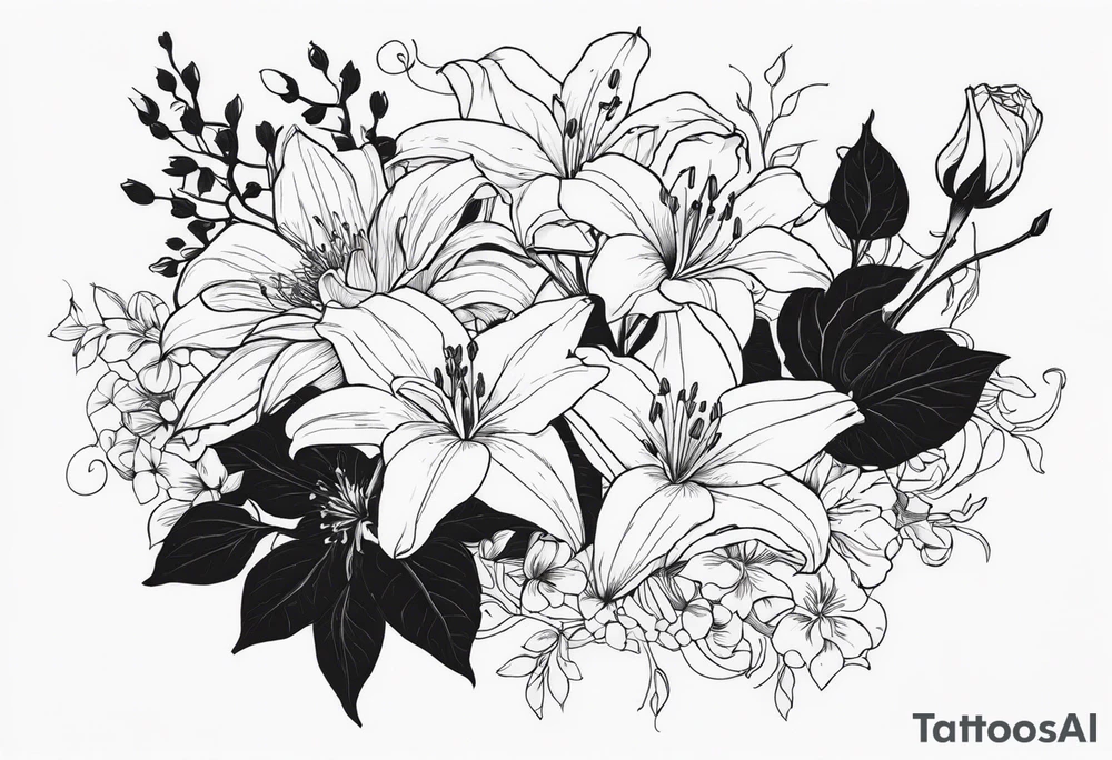 Lillies, roses, morning glories, chrysanthemums tattoo idea