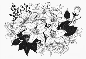 Lillies, roses, morning glories, chrysanthemums tattoo idea
