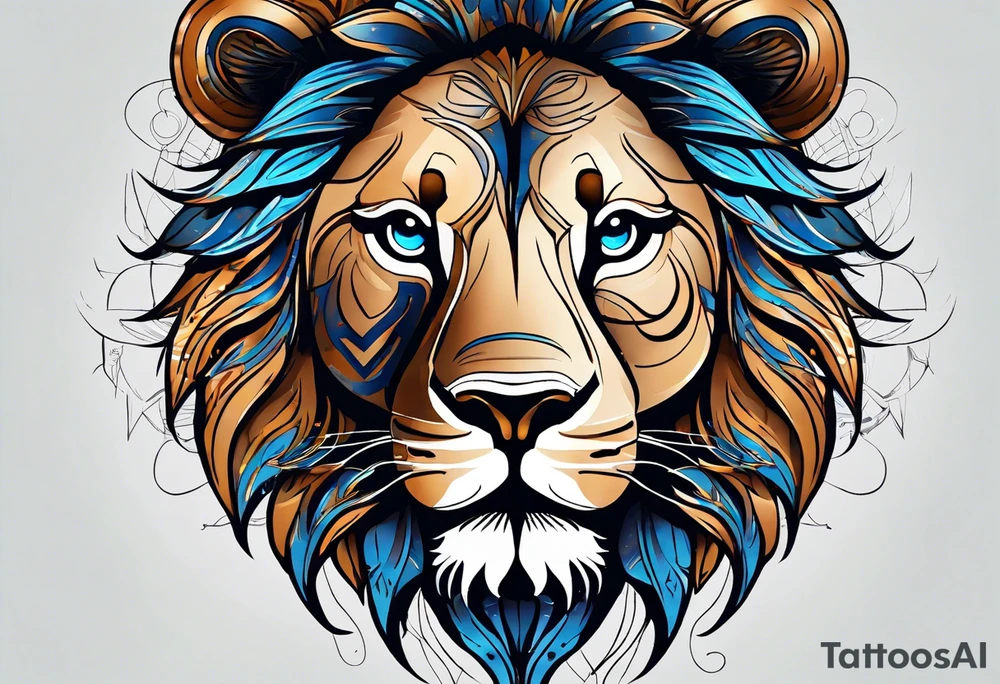 face of a lion with a third eye. Left eye blue, right eye brown. The third eye on the forehead is abstract. Around the muzzle there is a compass bezel tattoo idea