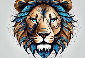 face of a lion with a third eye. Left eye blue, right eye brown. The third eye on the forehead is abstract. Around the muzzle there is a compass bezel tattoo idea