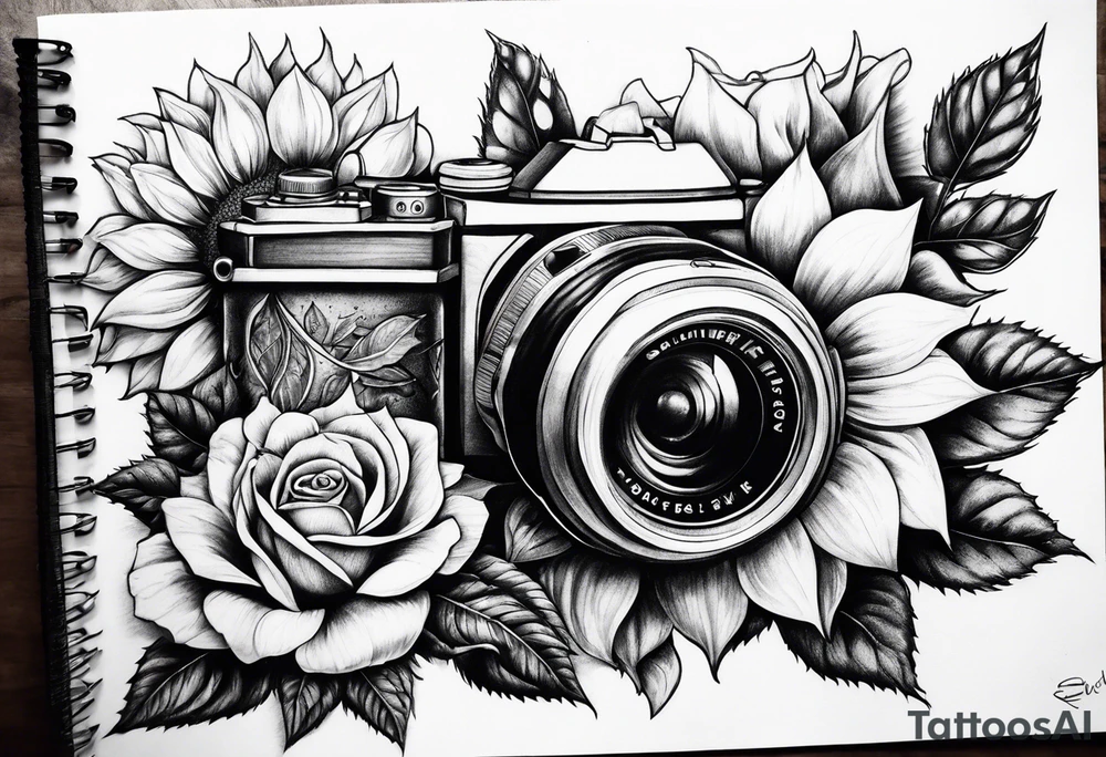 sunflower, camera, flower rose , book tattoo idea