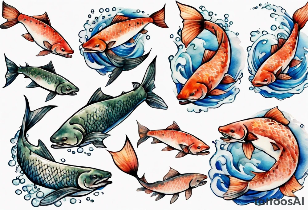 medieval salmon swimming tattoo idea
