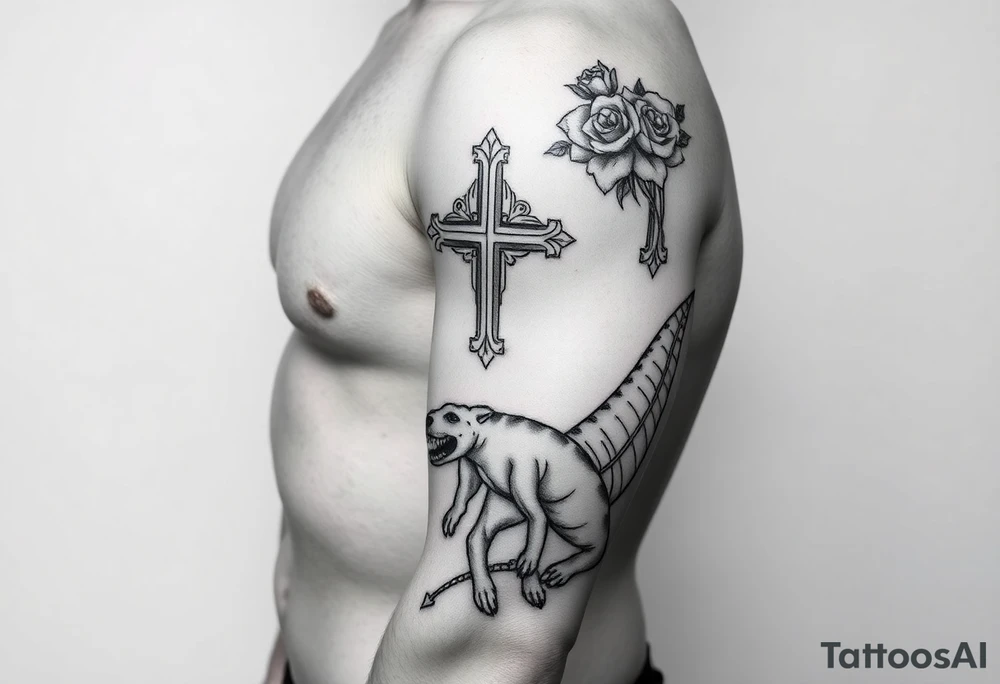 crosses with roses, bulldogs, paw print, dinosaur tattoo idea