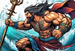 muscular
god 
posideon fighting a sport fish with a trident tattoo idea