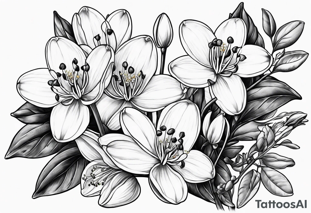 One snowdrop, One hawthorn flower, Two honeysuckle blooms, tattoo idea