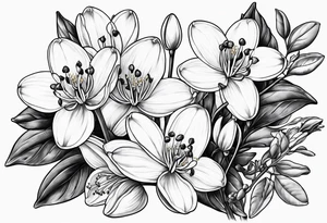 One snowdrop, One hawthorn flower, Two honeysuckle blooms, tattoo idea