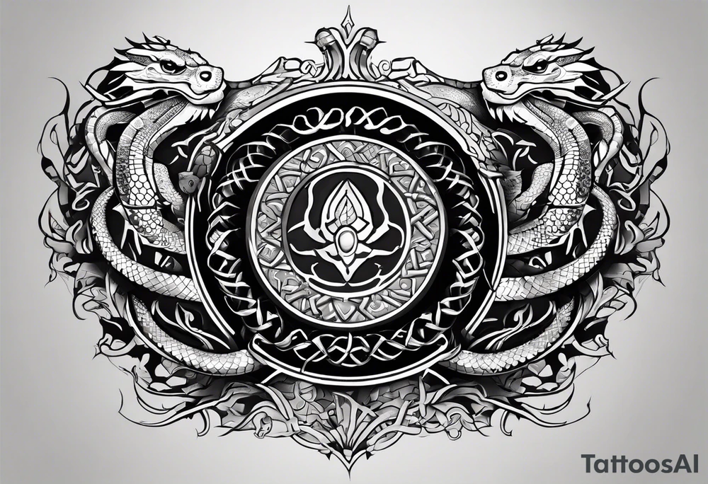 A shield adorned with coiled snakes and scorpions underneath. Bold outlines for the shield and creatures, with detailed patterns. Delicately depict the scales of snakes and the segmented bodies of scorpions. Integrate the creatures harmoniously with the overall design. tattoo idea