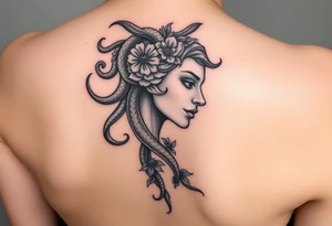 Side of Medusas face with snakes and flowers tattoo idea