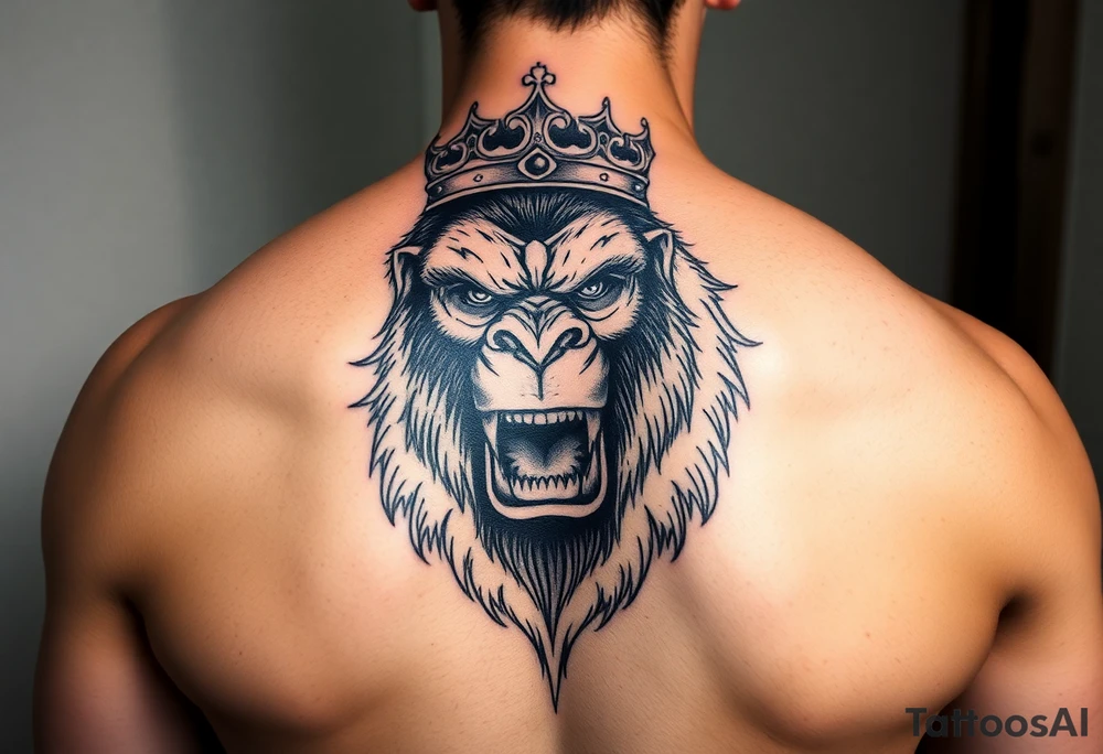 Powerful king kong with crown and majestic features around it tattoo idea