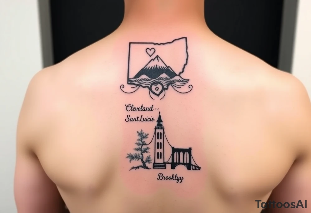 Elemental Coordinates Tattoo
Vertical layout with icons stacked top to bottom:

Cleveland – Outline of Ohio with a tiny heart/star

Wrapped or backed by the Earth symbol (solid base, mountain-like structure)

Saint Lucia – Wave and mountain line art

Surrounded by flowing Air symbol swirls

Maryland – Barn/tree with subtle wedding ring shape in foliage

Embraced by the Water symbol (fluid lines, holding it together)

Brooklyn – Stylized Brooklyn Bridge or brownstone silhouette

Rising from or behind the Fire symbol (bold flickers around edges)

Optional: Light text like dates, city names, or coordinates under each. tattoo idea