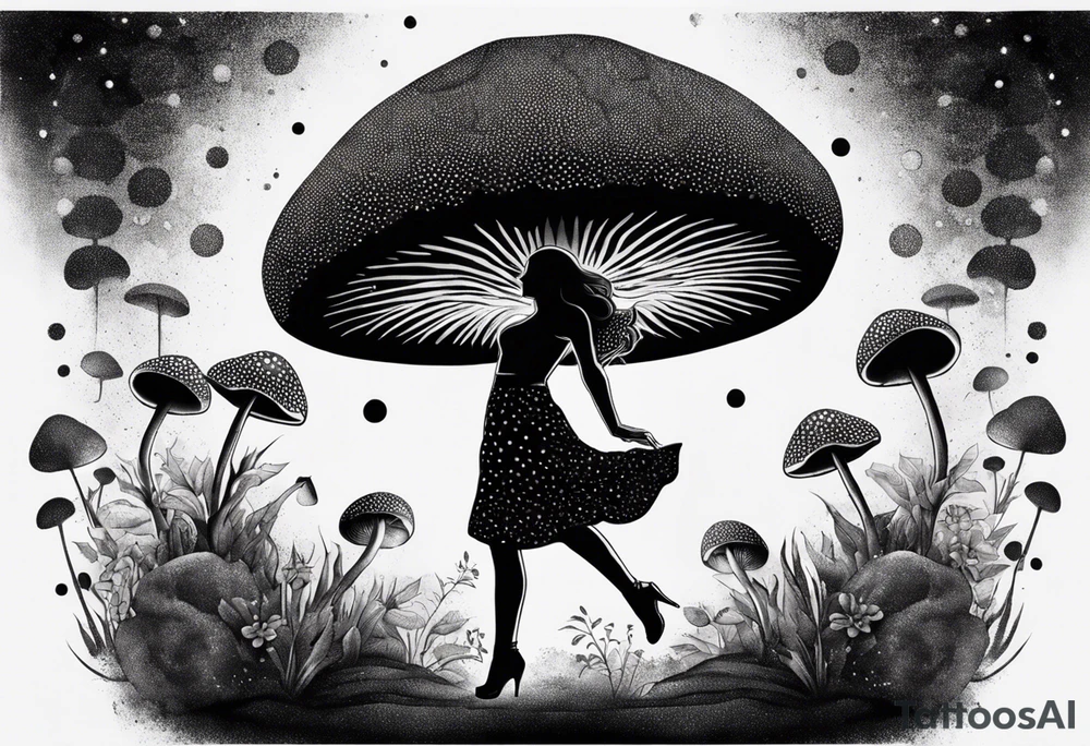 woman dancing around a mushroom tattoo idea