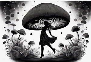 woman dancing around a mushroom tattoo idea