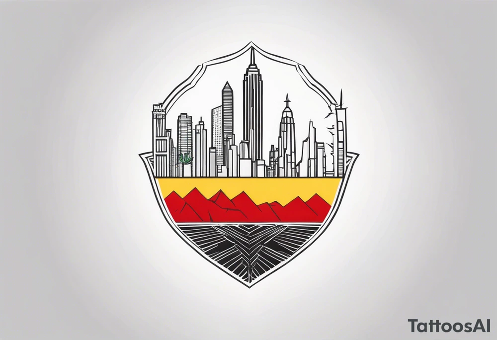 Crest with a hood on top,
13 rays of red and weld-yellow on the top half. NYC sky line
a cactus on the left side and a royal palm on the right side tattoo idea