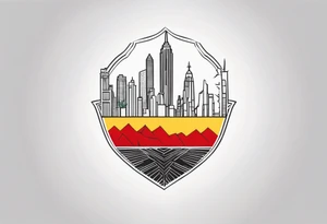 Crest with a hood on top,
13 rays of red and weld-yellow on the top half. NYC sky line
a cactus on the left side and a royal palm on the right side tattoo idea